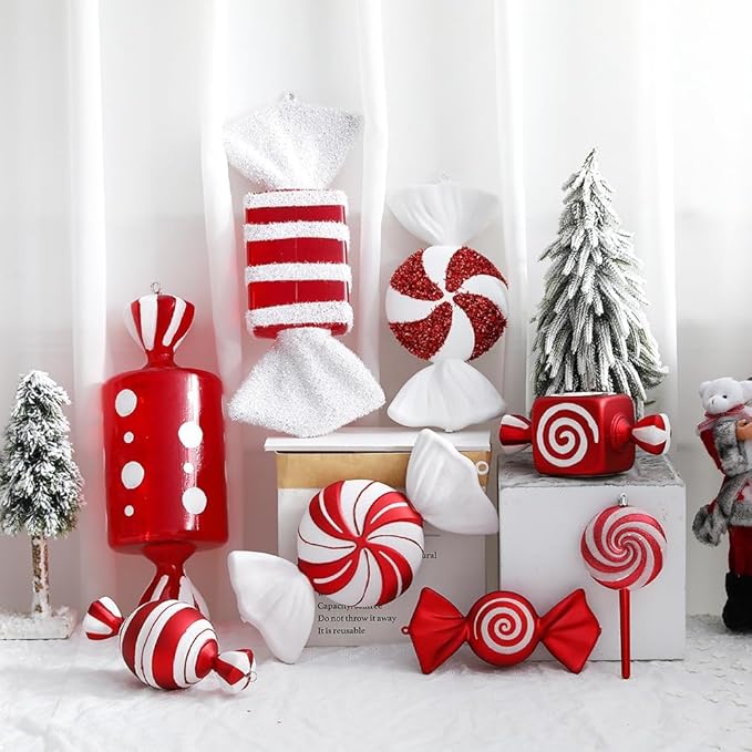 Christmas Lollipop Ornaments Glitter Hanging Lollipop Ornaments, 7.5inch Red White Lollipop,Threaded Shaped Lollipop for Xmas Tree Holiday Party Home Decor