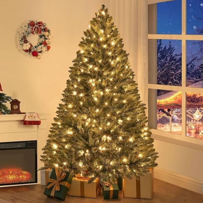 Naomi Home 6.5ft Christmas Tree with Lights, Realistic Spruce Xmas Tree Prelit with Foot Pedal, 1197 Branch Tips, 450 Warm Lights and Metal Stand, Aritificial Tree, Árbol De Navidad