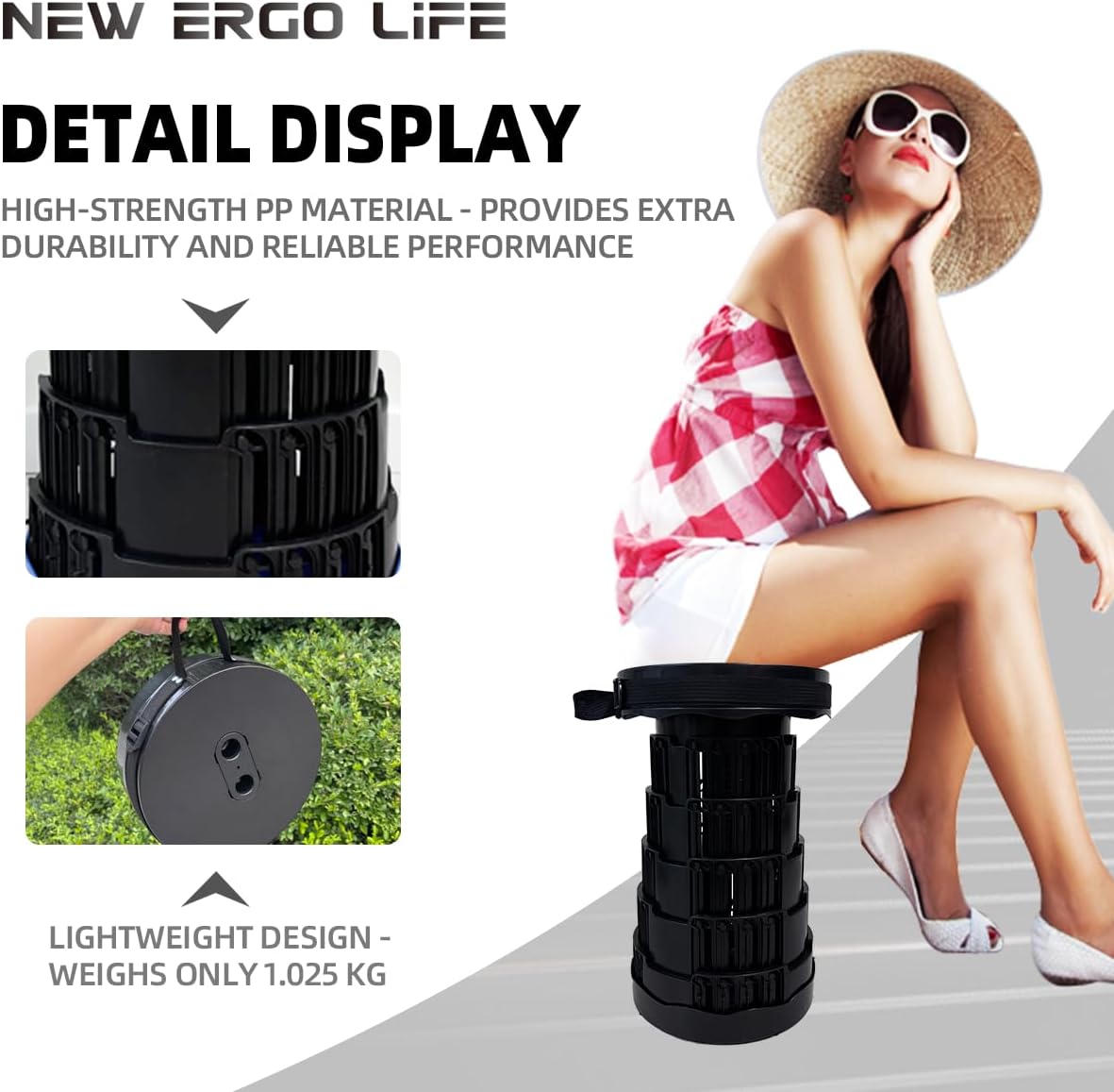 Portable Collapsible Stool - 4 Pillars Large Weight Capacity Travel-Friendly Folding Stool, Easy to Use Lightweight Telescoping Seat for Outdoor Activities, Camping & Hiking (Black)