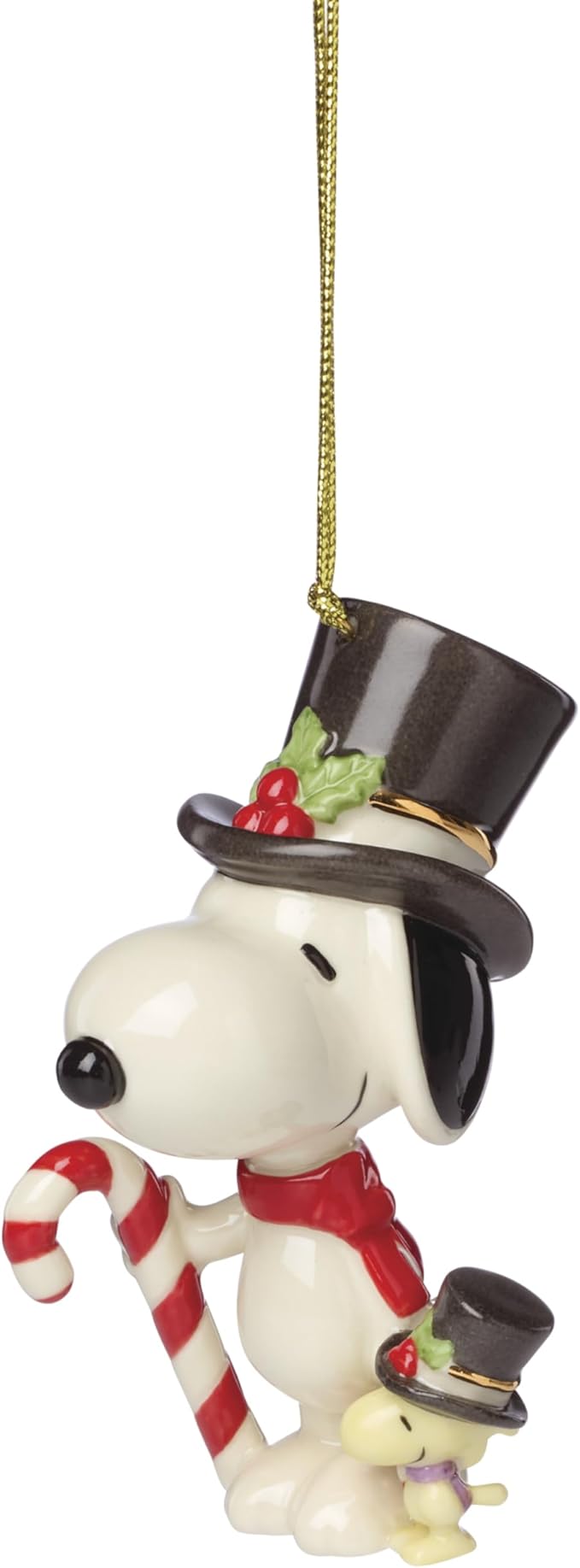 Lenox Ornaments, Snoopy & Woodstock with Candy Cane Ornament, Porcelain Material, Gold Cord for Tree Decoration, Christmas Decorations, Christmas Ornaments, Snoopy Design, Winter Decor (1 Piece)