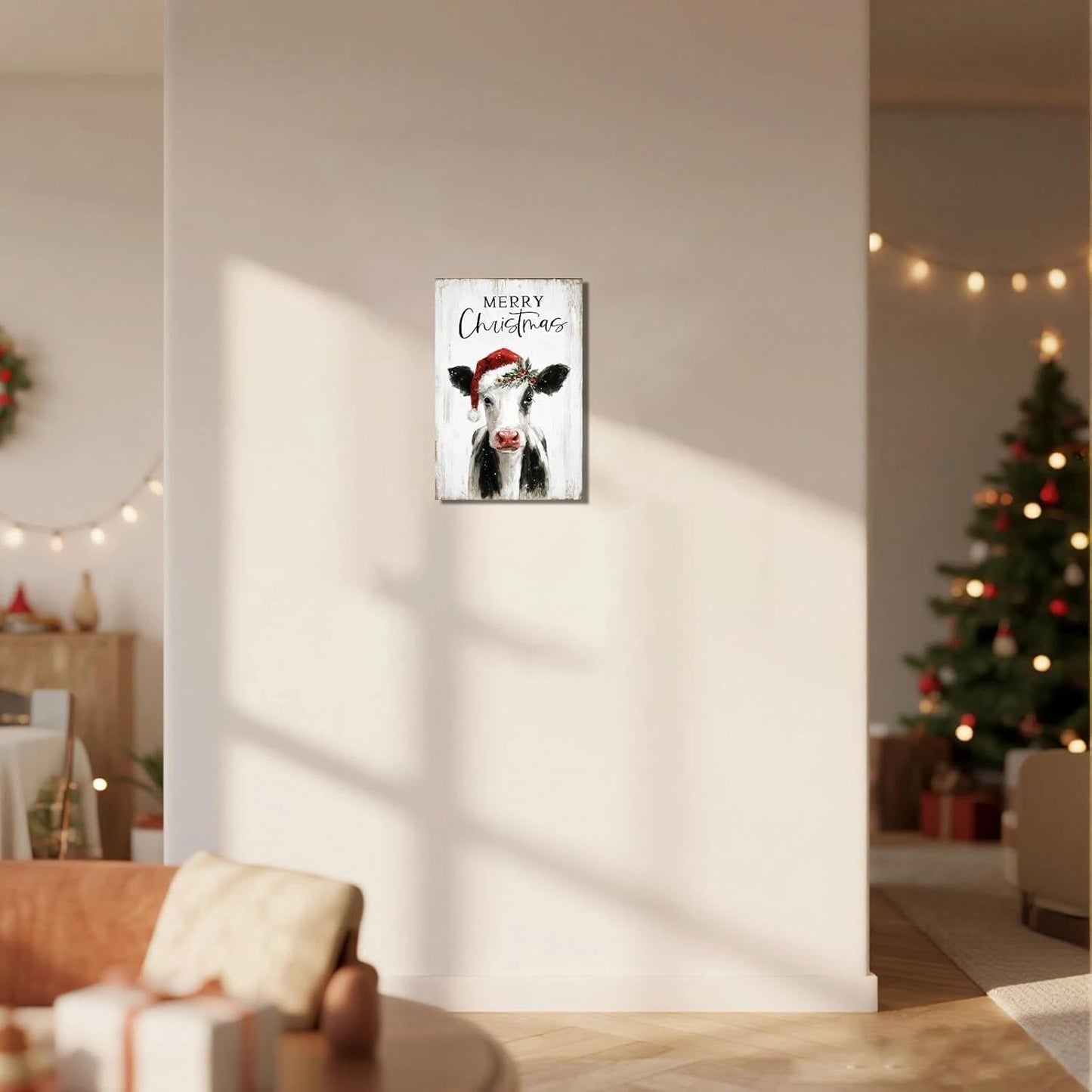 Christmas Cow Canvas Wall Art – Framed Farmhouse Decor for Xmas, Ready to Hang Print Holiday Gifts for Bedroom & Living Room Indoor 10x15 Inch