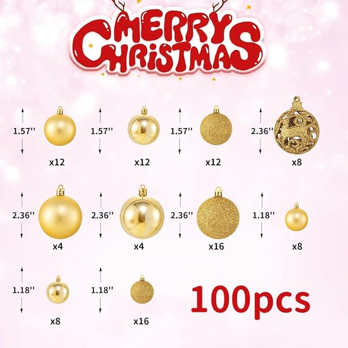 100-Pack Christmas Ball Ornaments for Tree,Shatterproof Plastic Holiday Baubles Set in Assorted Sizes and Finishes, Christmas Tree Decorations for Home, Office, Party, Indoor Outdoor Use
