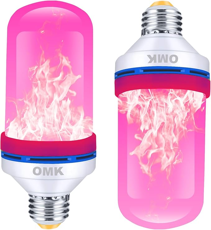 OMK Upgraded Pink LED Flame Light Bulb - Flickering E26 Base With Gravity Sensing for Indoor Outdoor Use, Holiday Christmas Vintage Flame Decorations