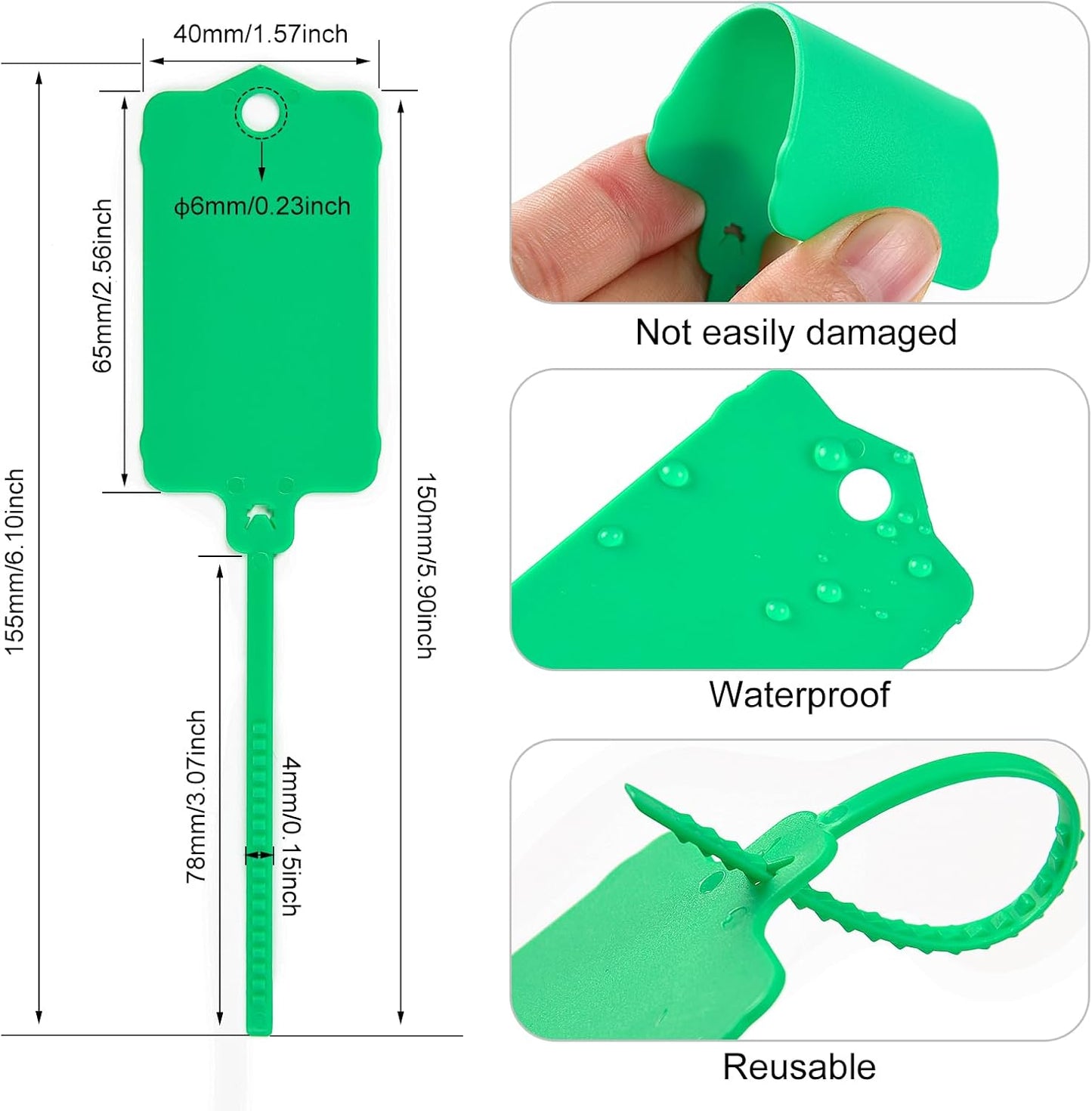 100pcs Blank Plastic Tags for Labeling Reusable Hanging Tags Ties Key Tag Storage Labels Waterproof Plastic Mark Label Writable Hang Sign with One Marker Pen (Green)