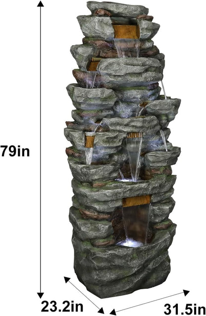 SunJet 79" High Multi-Tiers Cascading Rock Outdoor Water Fountain with LED Lights - Large Outdoor Fountains and Waterfalls for Garden or Patio, Yard, and Deck Decor, Featuring Natural Stone Look