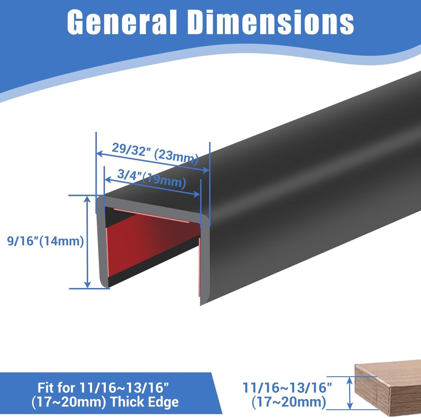 Rubber Edge Trim, Self-Adhesive Flexible Edge Protector for Plywood, Cabinet and Drawer, 3/4" Peel and Stick U Shaped Edge Banding for Wood, EPDM Material, Fit 0.75"(19mm), Length 10Ft