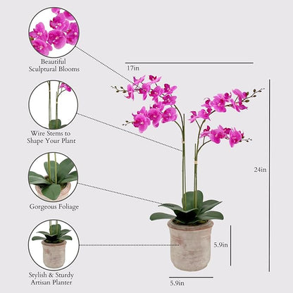 CG Hunter Faux Pink Orchid Plant, Premium Artificial Indoor Flower Display Stands 24”, Beautiful Sculptural Blooms That Lasts Forever, Grey Planter Pot Included