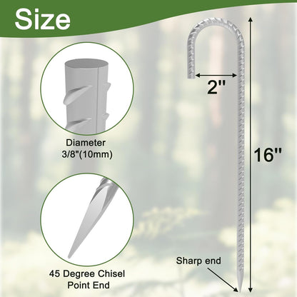 Rebar Stakes 16 inch, 3/8" Diameter Heavy Duty J Hook Stakes 8 Pack, Galvanized Anti-Rust Ground Anchor Long Tent Stakes for Dog Fence Trompoline Swing Set