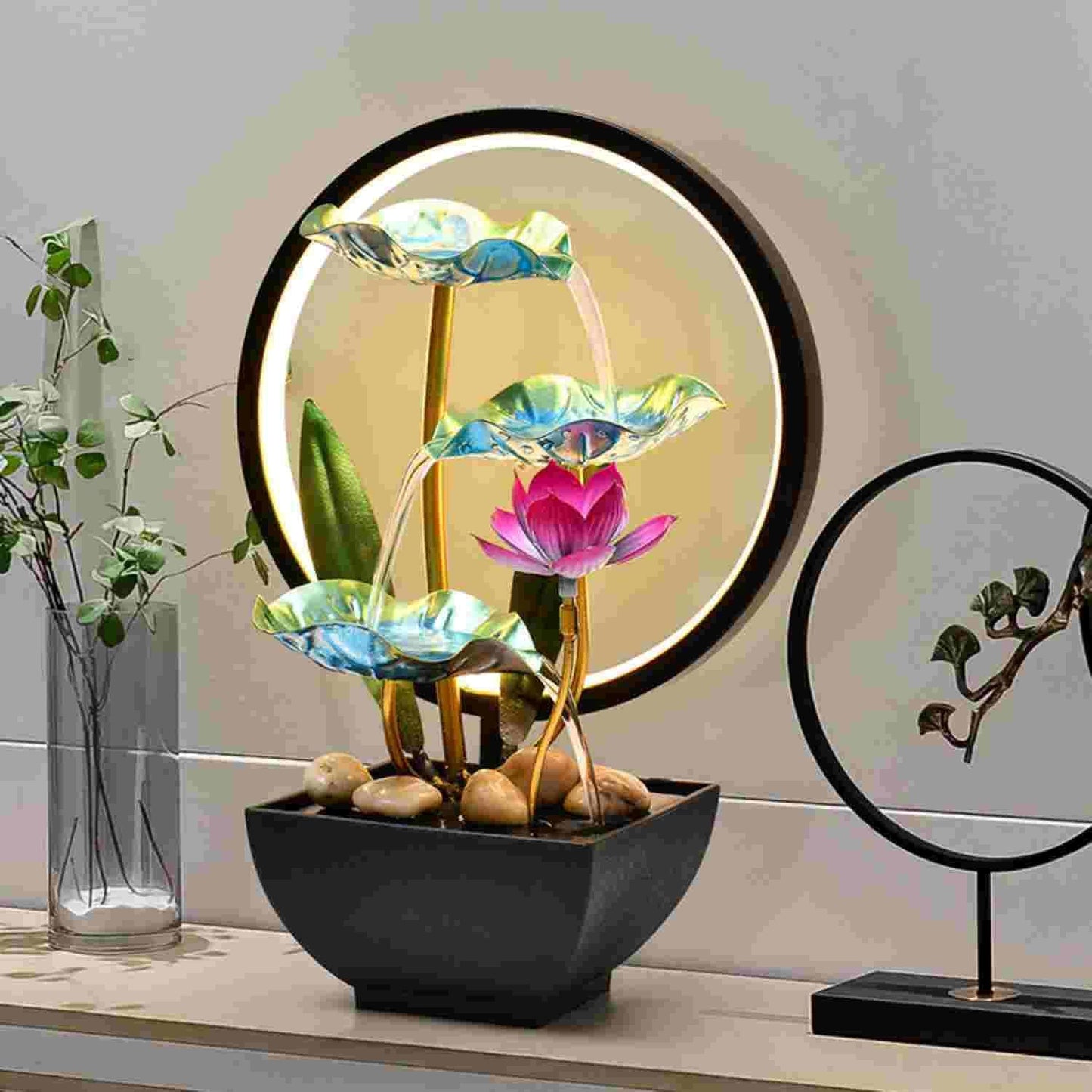 Indoor Tabletop Tiered Water Fountain 3 Level Tabletop Waterfall Meditation Fountain Includes Many Natural River Rocks LED Lights Relaxing Small Water Feature for Desk or Home Decor
