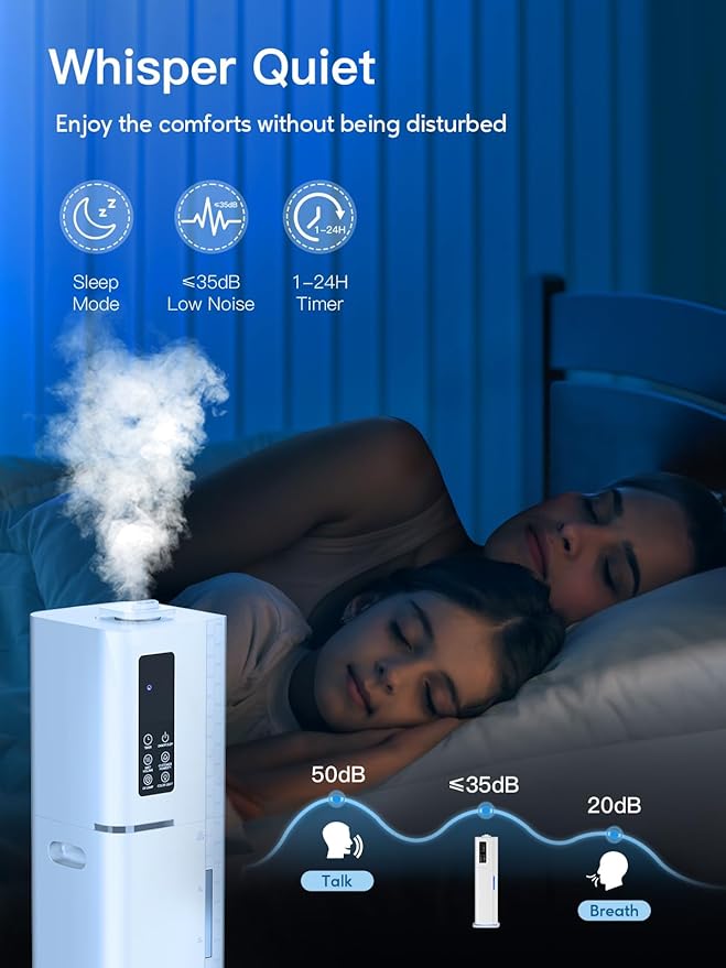 10L/2.64Gal Humidifiers for Bedroom, Top Fill Quiet Ultrasonic Cool Mist Humidifier Large Room, Covers 550ft², 60H Runtime, 24H Timer, 3 Mist Modes Humidifiers for Home, Office, Plants, White