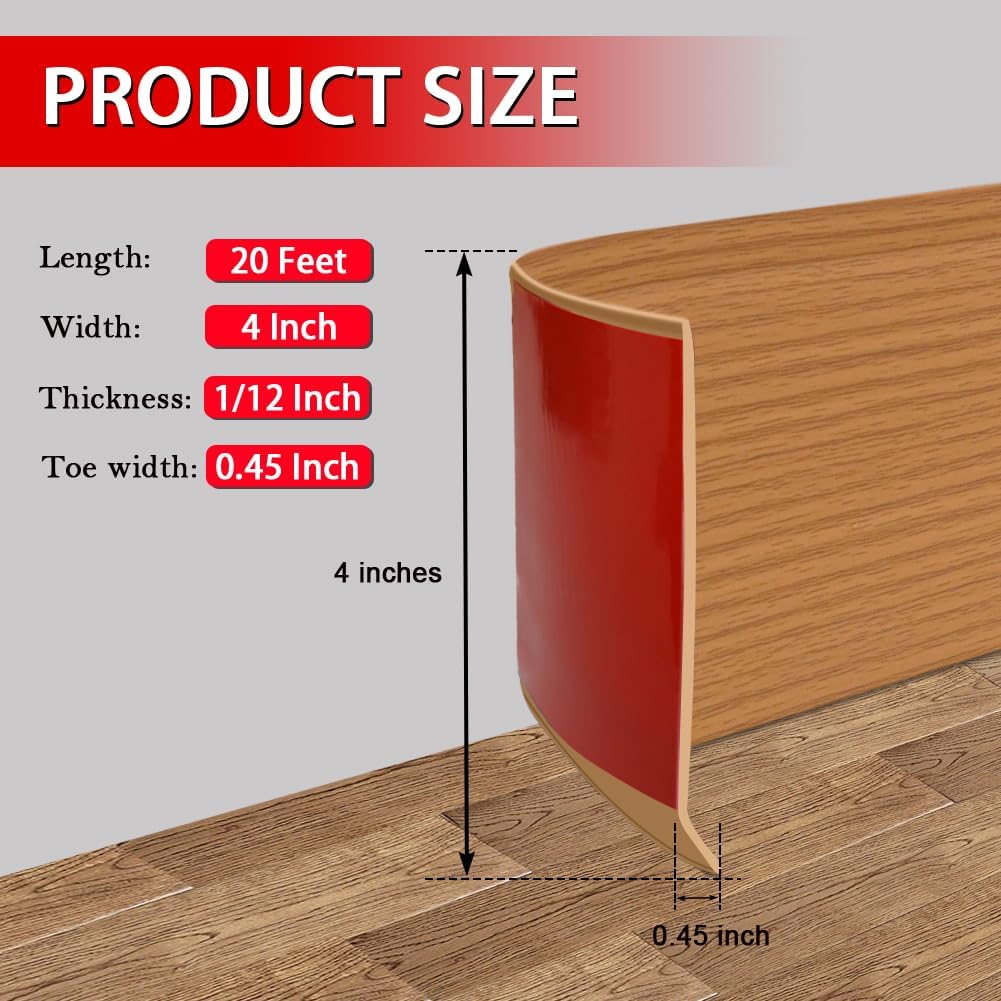 FONUNO Vinyl Wall Base Baseboard Molding Trim 4" Flexible Self Adhesive Rubber Wall Base Moulding Trim Peel and Stick Design, 4 Inch x 20 Feet, Yellow Wood Grain