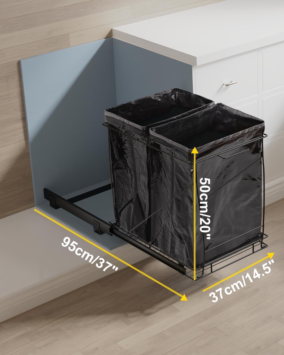 Pull-Out Trash Can for Kitchen Cabinet, Double 13 Gallon Tilt Out Garbage Bins with Soft-Close Slides, Under Sink Stainless Steel Shelf, Easy Installation, Heavy Duty Bags Included (Black)