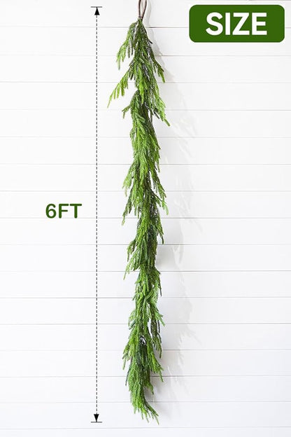 Faux Norfolk Pine Christmas Garland – Real Touch Greenery Artificial Cedar Christmas Garland for Fireplace Mantel, Staircase, Door Frame, Holiday Indoor Winter Décor (Prelit-6FT)