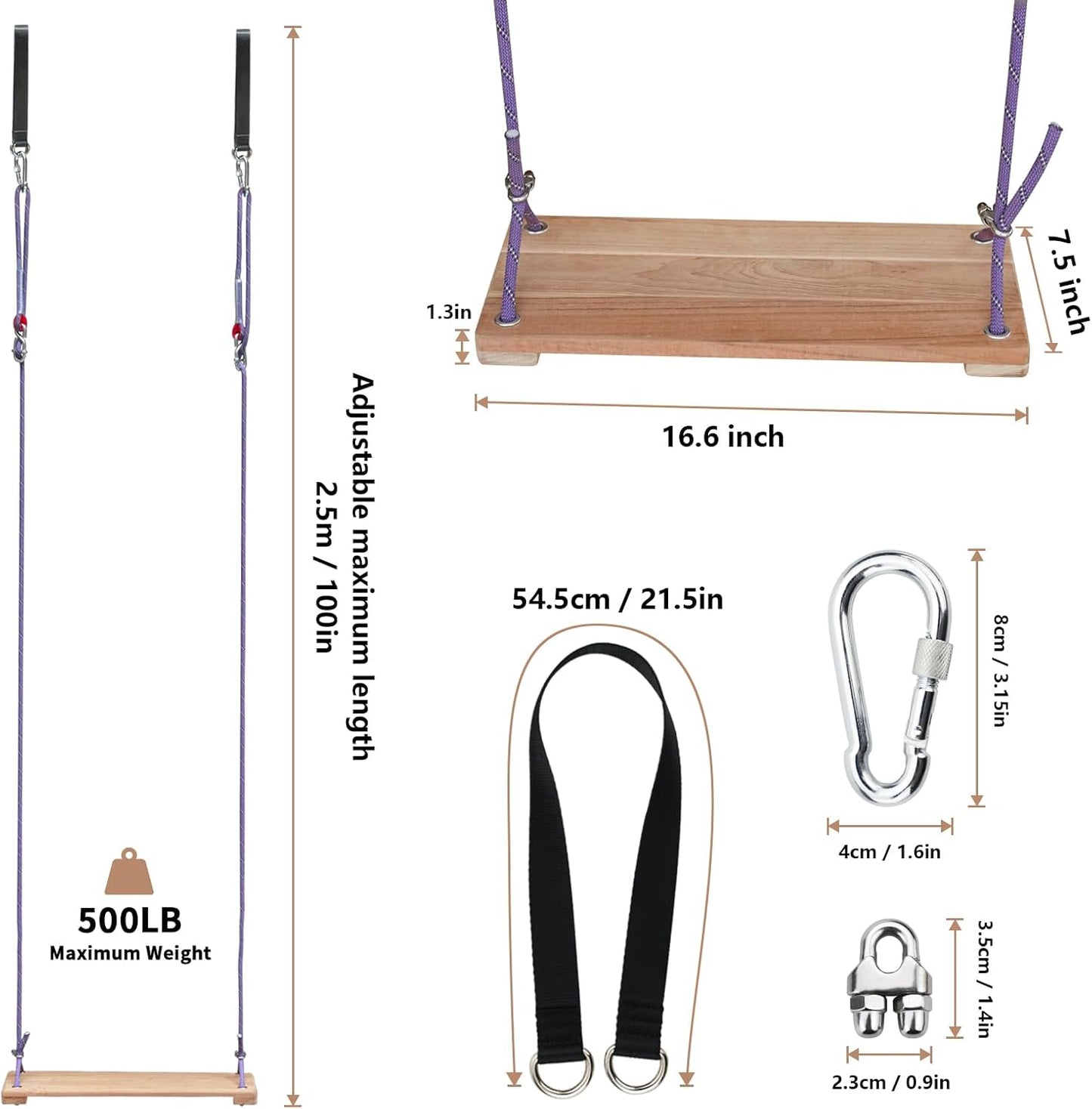 Teak Wood Swing 16.6"x7.5" - Outdoor Wooden Tree Swing Seat for Adults & Kids, Backyard Wood Swings with Height Adjustable Design