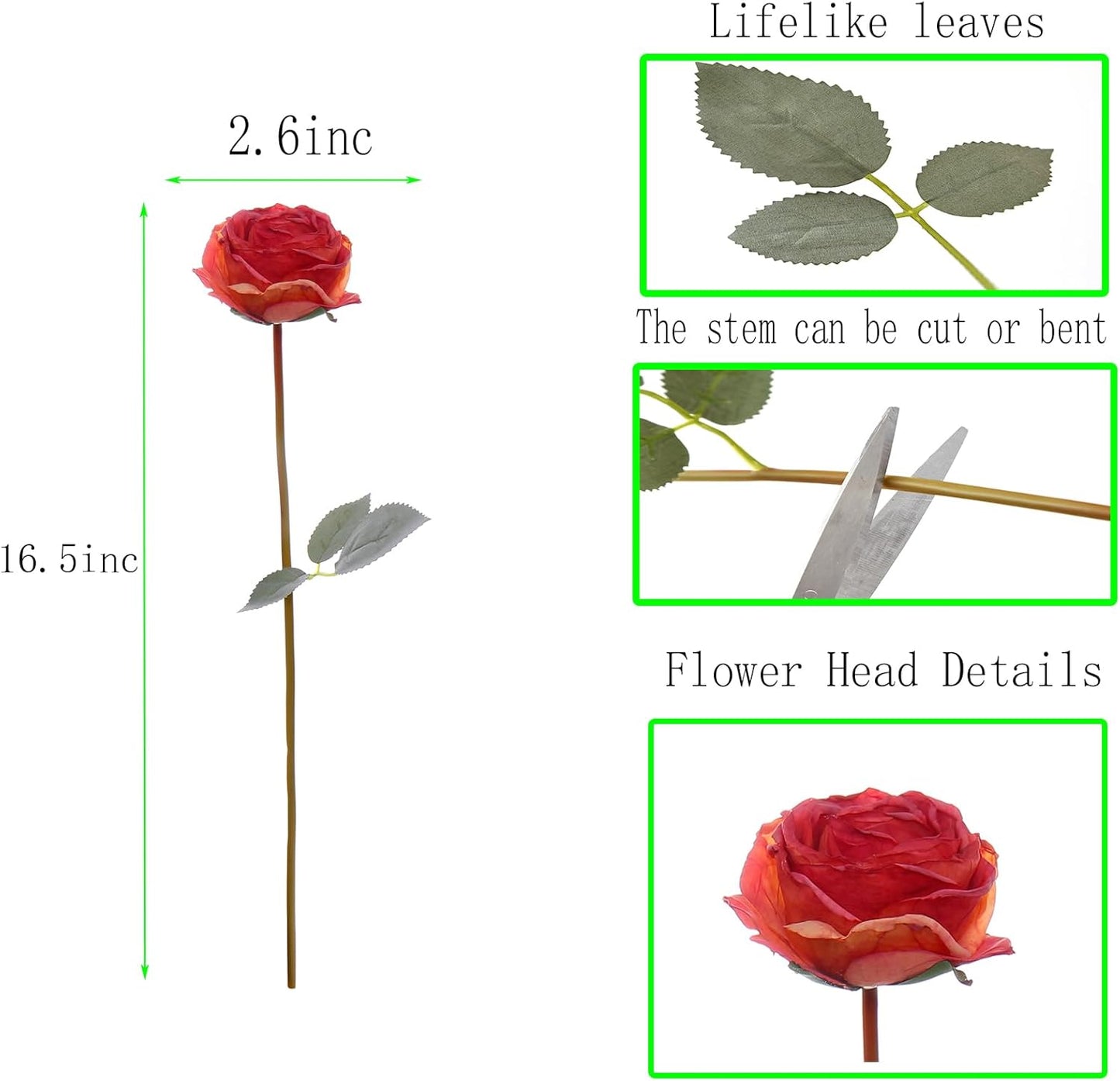 Kimura's Cabin 12pcs Lifelike Faux Silk Roses Flowers Vintage Artificial Rose with Stem Bouquet Fake Roses Dried Flower for Valentines Home Table Centerpiece Wedding Party DIY Decoration(Orange red)