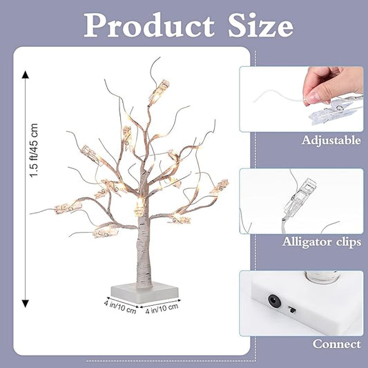 Mudder Money Holder Tree Present Card Holder with 12 Clear Clips LED Birch Twig Lights Tabletop Display Tree for Christmas, Valentines, Memo, Photo, Wedding(Trendy Style,White, Warm White)