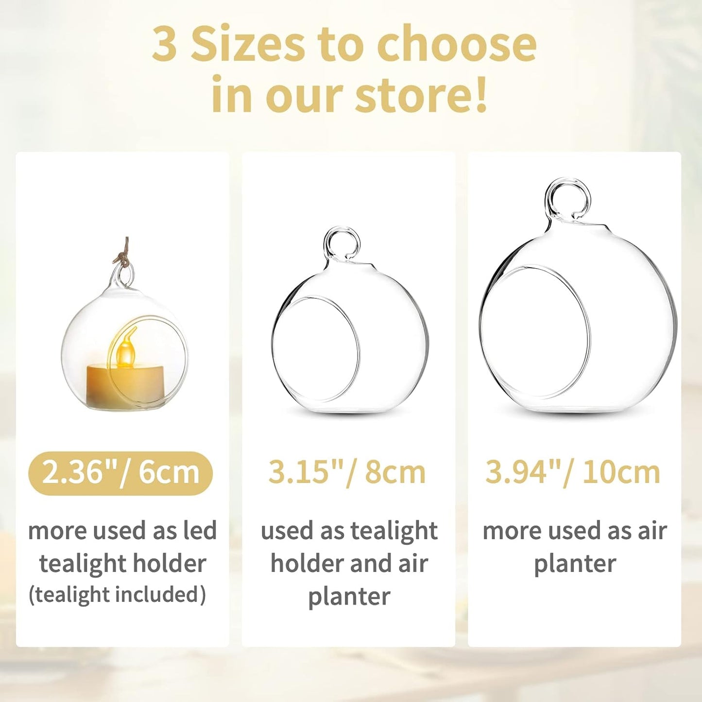 NUPTIO Hanging TeaLight Candle Holder: 24Pcs 2.36in Tree Tea Light Holders with LED Candles Small Glass Globes Ornament Clear Round Mini Terrarium Containers for Wedding Party Tree Decoration