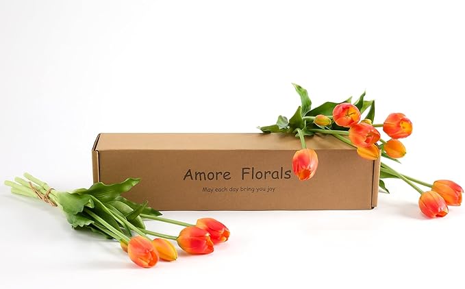 15 Pcs Orange Tulips Artificial Flowers Faux Tulips Real Touch Latex Fake Flower Bouquet for Spring Wedding Home Décor Centerpiece Arrangements