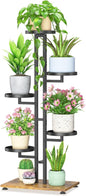 LASZOLA Black 5 Tiered Plant Stand Indoors Heavy Duty Metal Rack, Sturdy Multi Level Shleving Hold Flowers, Larger House Decorate Ladder for Planting Inside Tree Herb Cactus, Wooden Base, Space Saving