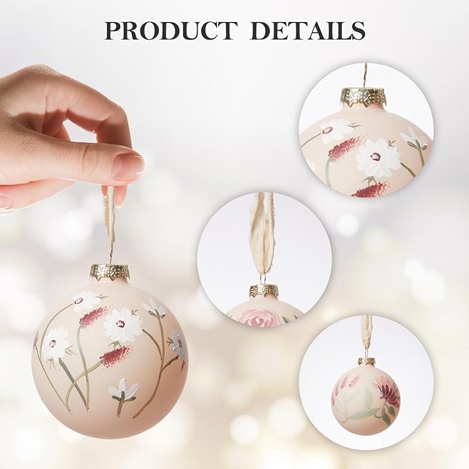 DN DECONATION Christmas Ball Hanging Ornaments Set of 4 – 3.14” Pink Glass Balls Hand-Painted with Flowers and Green Leaves, Elegant Christmas Decorations for Tree, Holiday Decor & Wedding