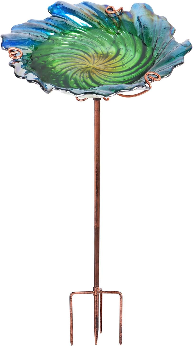 Glass Bird Bath Outdoor Birdbaths Garden Birdfeeder with Metal Stake Green(Height:26inch)