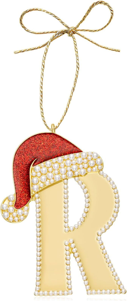 2025 Christmas Ornaments, Letter R Ornaments for X mas Tree,Hanging Christmas Red Hat Ornament for Mother Best Friends Sister Wife|R-Letter Ornament