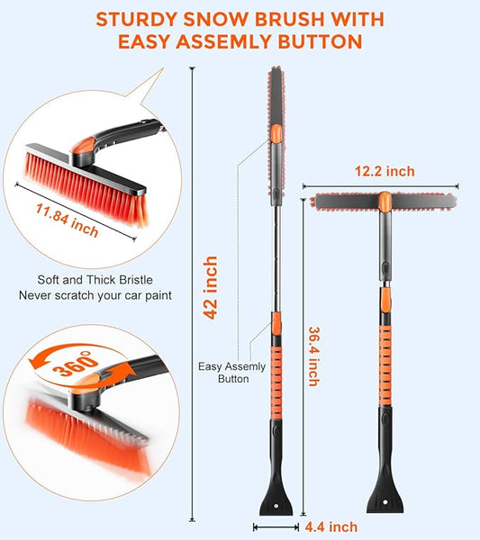 [Upgrade] Ice Scraper & Extendable Snow Brush for Car Windshield [Military-Grade Sturdy] - 360° Pivoting Brush Head with Silicone Grip for Effortless One-Swipe Clean on Auto (Large)