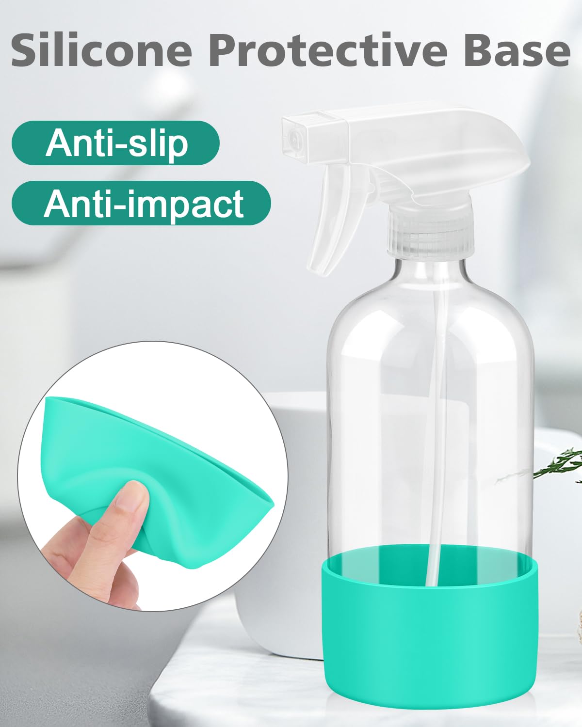 Glass Spray Bottles with Silicone Sleeve Protection, Empty 16OZ Reusable Spray Bottles, Refillable Containers with Spray Nozzles for Cleaning Solutions, Plants and Essential Oils 1 Pack Green