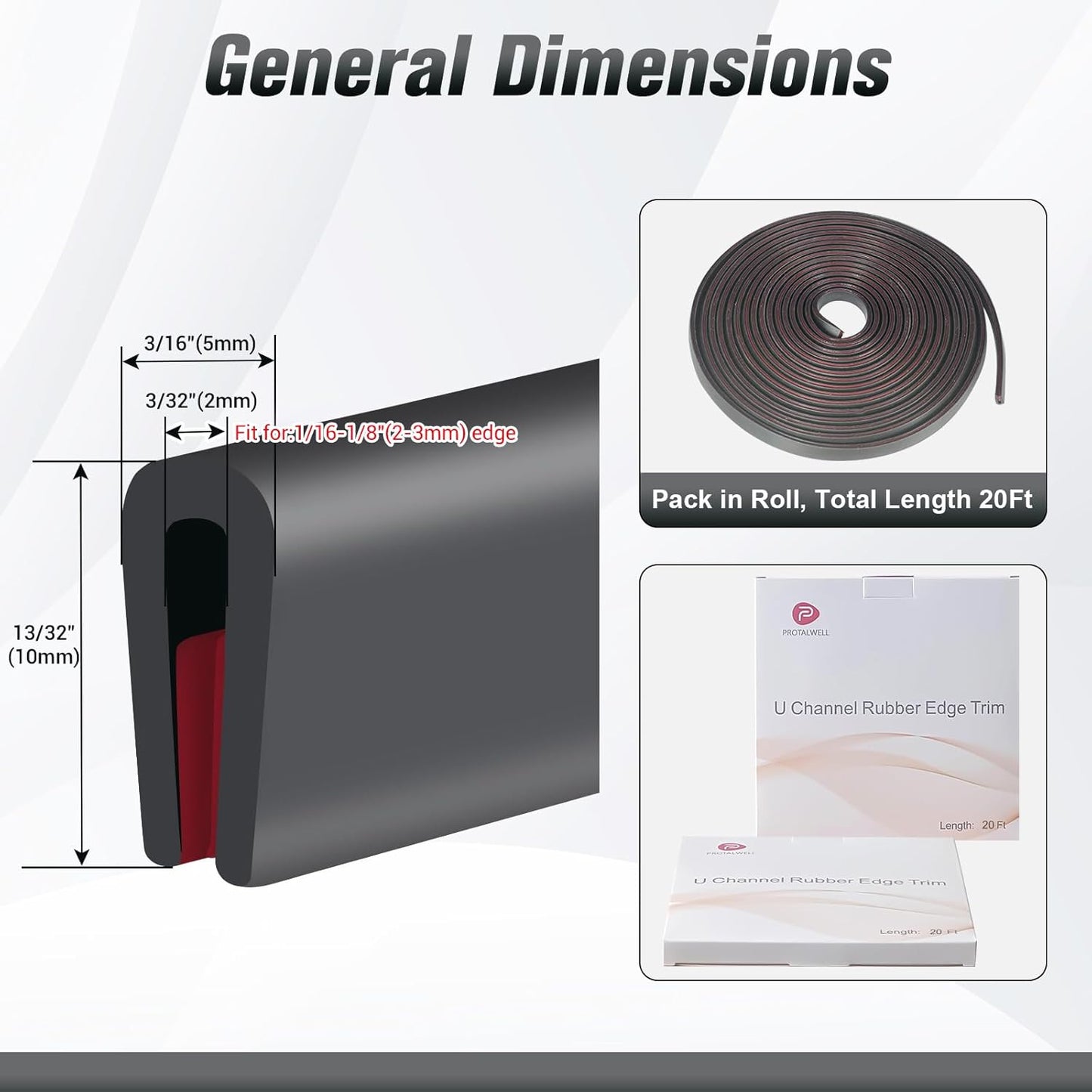 Edge Trim, 3/32" Rubber Edge Trim, Flexible Self Adhesive U Channel Edge Trim, Edge Protector for Sharp Edge, Sheet Metal and Car Doors, Peel and Stick Auto Door Guard, Black Color, 20Ft