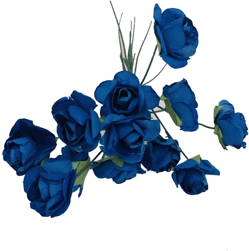 Mini Fake Rose Flower Heads 144pcs Mini Artificial Mulberry Paper Roses Flower with Wire Stem DIY Wedding Flowers Accessories Make Bridal Hair Clips Headbands Dress (Navy Blue)