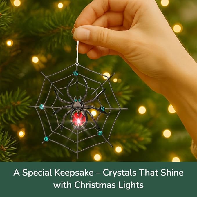Matashi Black Spider Hanging Ornament for Christmas Tree w Red, Green Crystals – Lucky Spider Web Decoration for Tree, Seasonal Decor Holiday Hanging Ornament Gift Inspired by Christmas Spider Legend
