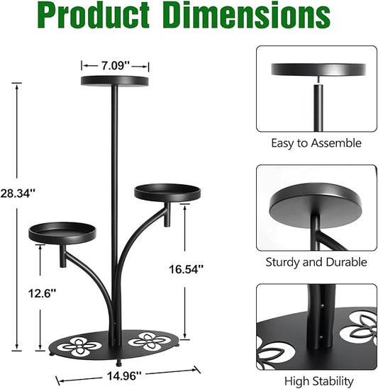 Indoor 3 Tier Black Plant Stand, Tall Metal Plant Stand, Heavy-duty Base in the Shape of a Four-leaf Clover, Layered Modern Flower Pot Rack, Suitable for Courtyards, Patios, Living Rooms, Bedrooms