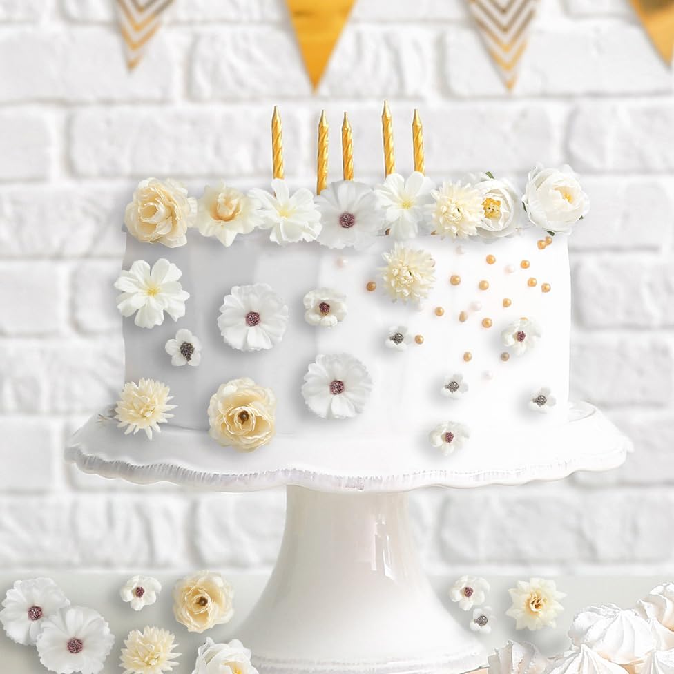 Faux Flower Heads Small Silk Artificial Flower DIY Fake Mini Flowers Rose Daisy Multicolor Flowers Craft Supplies for Wedding Party Wreath Graduation Season Party Home Decor (45, White)