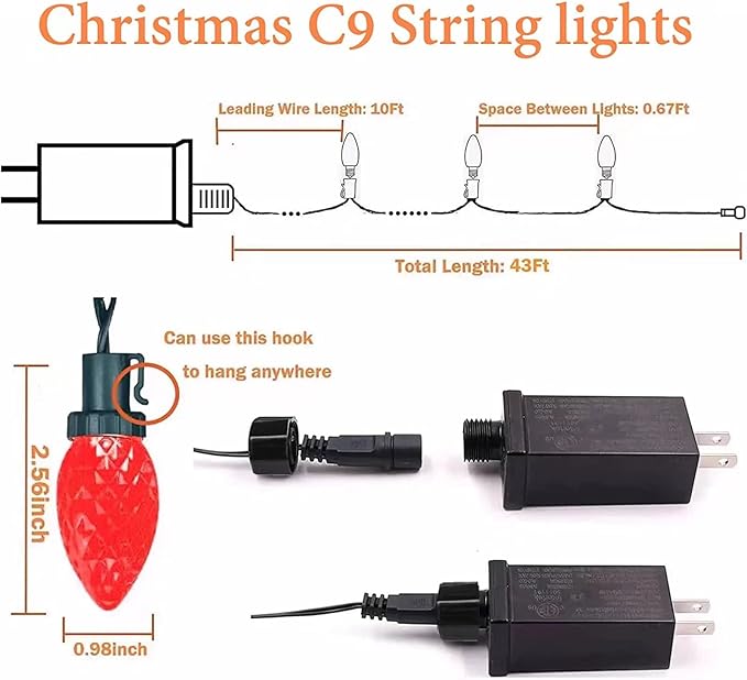 2-Pack Connectable Red and White C9 Christmas LED String Lights, Total 66 FT 100 LED Christmas Lights Plug in with 29V Safe Adapter, Waterproof Decorative Lights Indoor Outdoor for Xmas Decorations