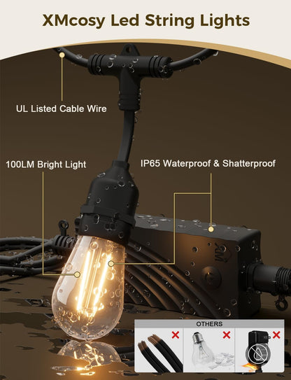 XMCOSY+ Smart Outdoor String Lights, 98Ft LED Patio Lights Waterproof IP65, App Control, Compatible with Alexa, Dimmable Edison Bulbs Outdoor Light for Yard Porch Bistro Outside