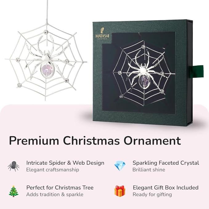 Matashi Silver Plated Christmas Tree Spider Ornament w Pink, Clear Crystals Lucky Hanging Decoration, Holiday Ornament Gift, Unique Spider Decor for Christmas & Halloween Party w Tinsel Legend Story