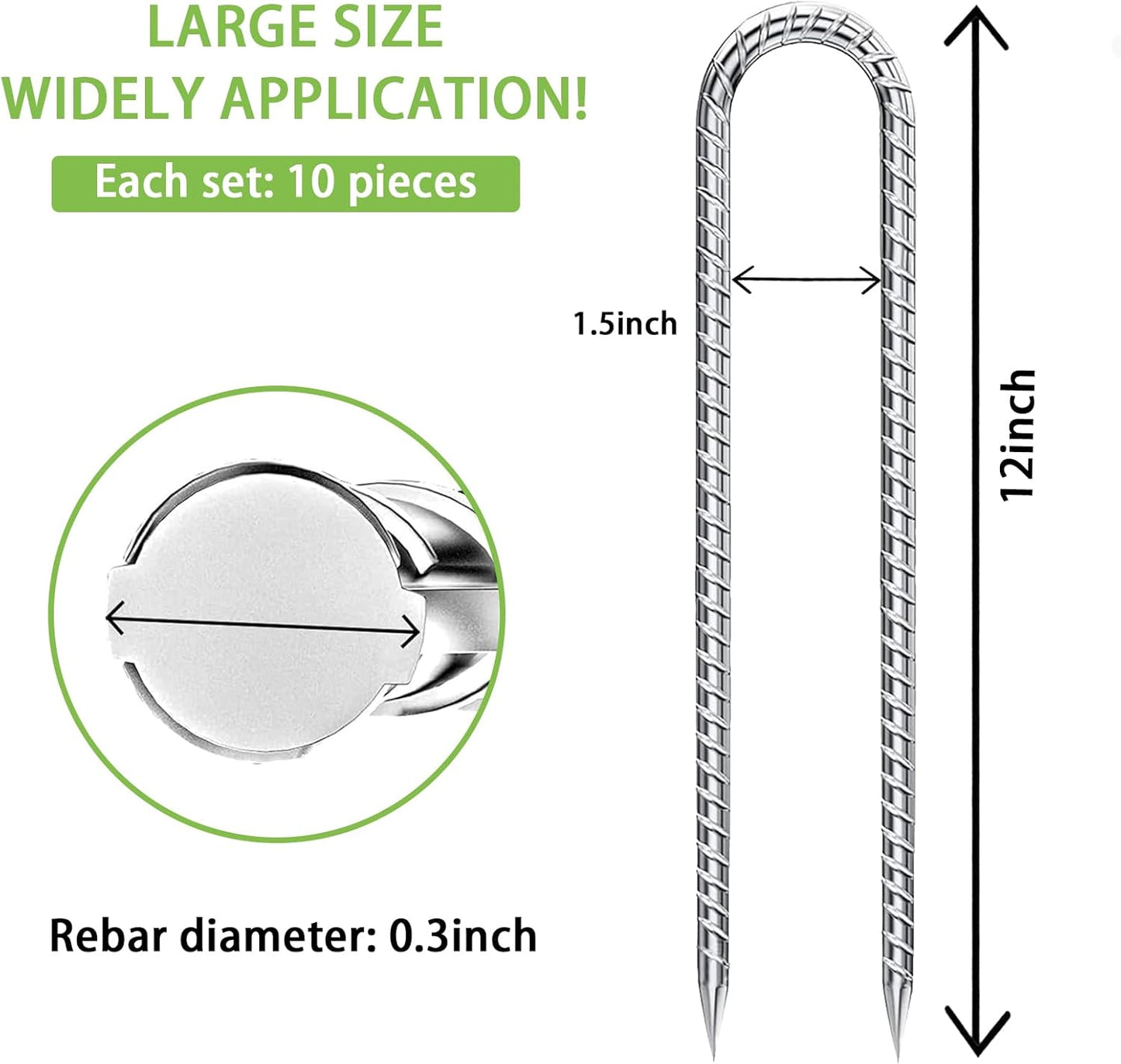 Rebar-Stakes-12-Inch-U-Shaped, Ground Stakes Heavy Duty for High Winds Galvanized Anti-Rust 10pcs Metal Stakes for Ground Heavy Duty Ground Anchors for Garden Dog Fence Chicken Coop Water Pipe