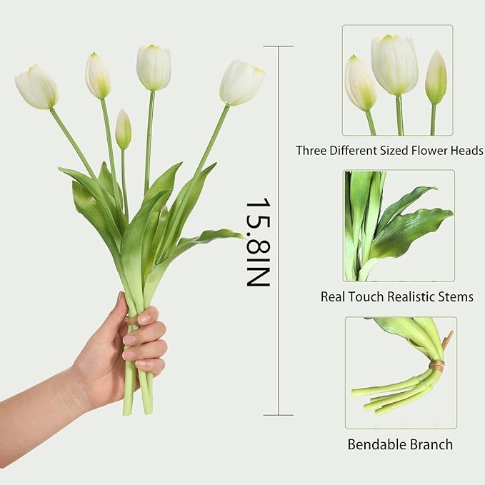 15 Pcs White Tulips Artificial Flowers Faux Tulips Real Touch Latex Fake Flower Bouquet for Spring Wedding Home Décor Centerpiece Arrangements