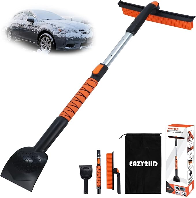 Eazy2hD 3 in 1 Silicone Snow Brush with Ice Scrapers, 39.37" Extendable Window Ice Removal with Squeegee for Windshield, 360° Pivoting Brush Head Cleaner Tool for Car, Truck, SUV