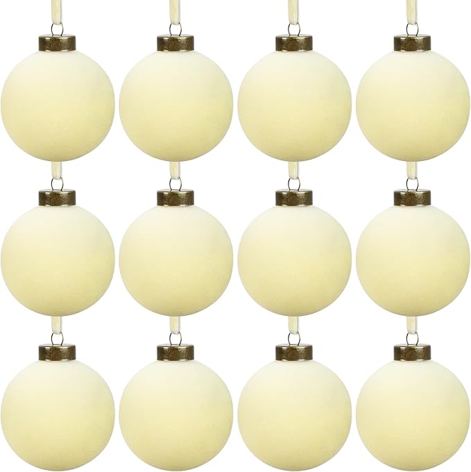 12 Pcs Velvet Christmas Balls Bulk Shatterproof Plastic Christmas Tree Decorations for Decorative Hanging Baubles (12, Beige, 2.36Inch)