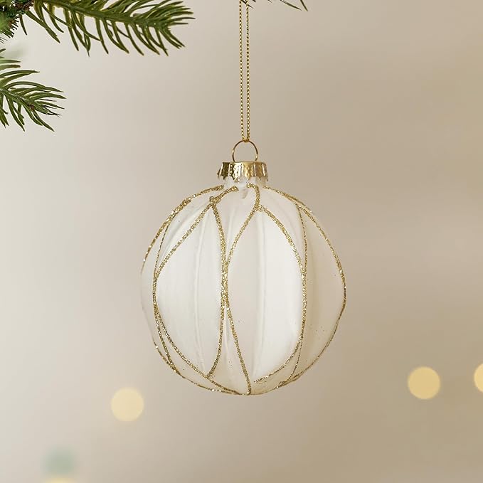 WDS WONDROUS Christmas Ball Ornaments, Vintage Ball & Teardrop Xmas Tree Ornament Set, Hanging Assorted Glass Balls for Holiday Home Party Decor (9Pcs, White & Gold Line)