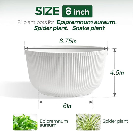 T4U 8 Inch Self Watering Pots for Indoor Plants, 2 Pack Plant Pots, Durable Plastic Self Watering Planter for Indoor Plants (2 Pack, 8", White)
