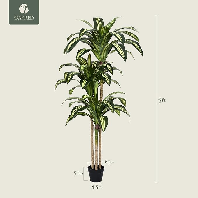 Artificial Dracaena Tree 5FT Tall Fake Tree - Faux Indoor Plant with UV Resistant Potted Design - Realistic Large Artificial Plants for Home Living Room Office Decor Indoor
