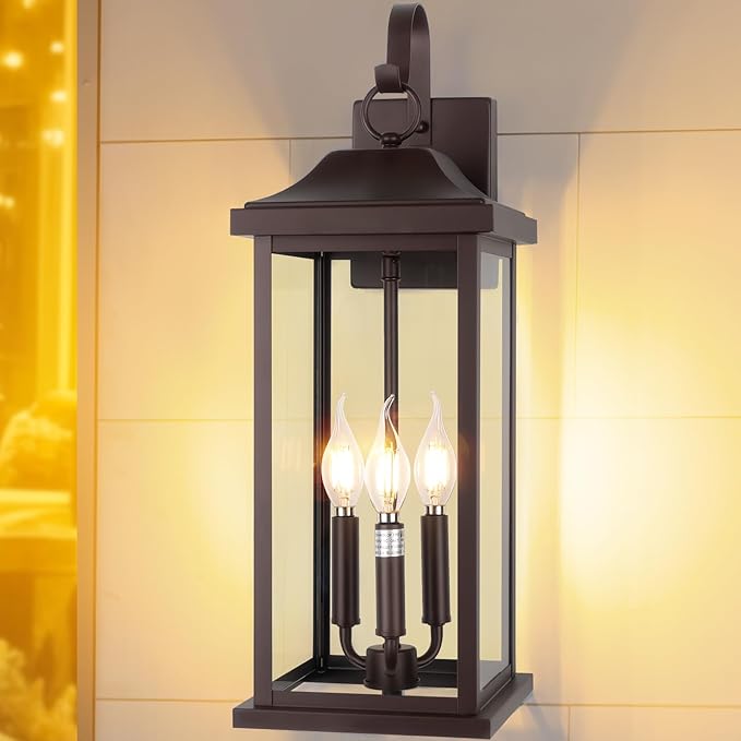 23” Extra Large 3-Light Oil Rubbed Bronze Outdoor Light Fixtures 2 Pack, IP65 Waterproof Vintage Outside Lights for House Brown Front Porch Light Lanterns Exterior Coach Lights, E12