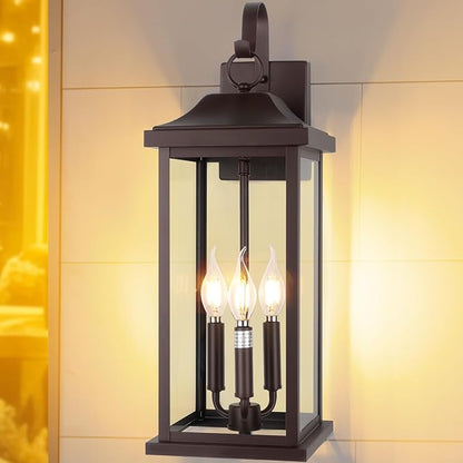 23” Extra Large 3-Light Oil Rubbed Bronze Outdoor Light Fixtures 2 Pack, IP65 Waterproof Vintage Outside Lights for House Brown Front Porch Light Lanterns Exterior Coach Lights, E12