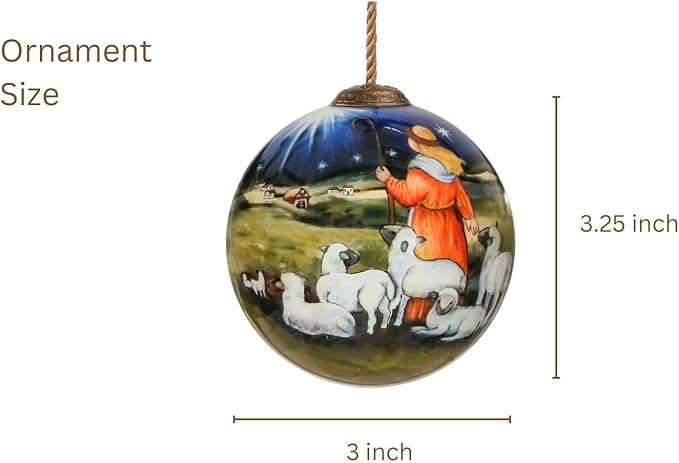 Little Shepherd Boy Nativity Ornament–Hand-Painted Glass Christmas Ornament – Shepherd with Sheep and Star of Bethlehem – Religious Christian Ornament – Catholic Keepsake