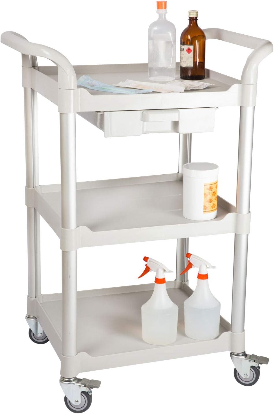 JaboEquip, 3 Shelf Small Medical Cart with Drawer, Hospital Cart Utility Cart 606 lbs Load, JBGS-3K1-1, Off-White (Light Grey) Color