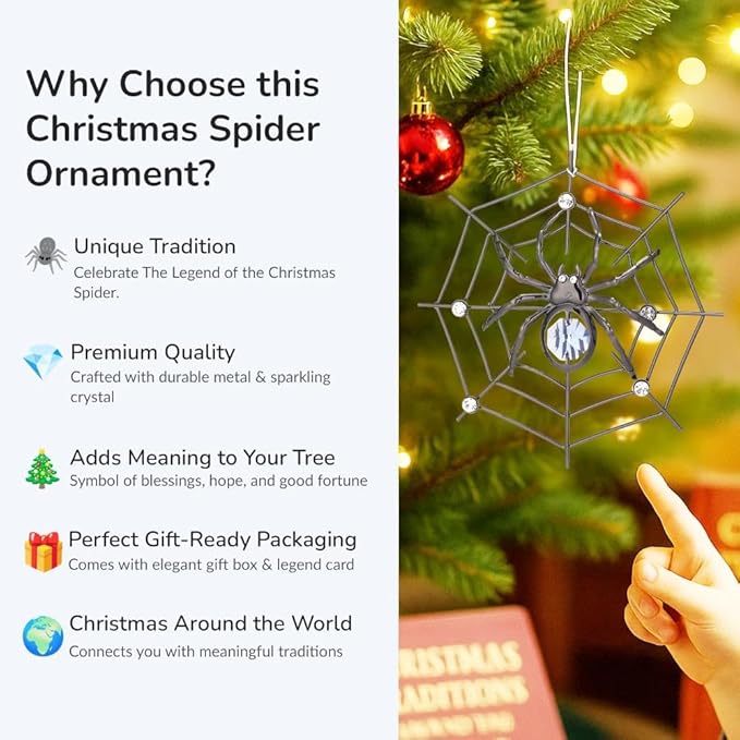 Matashi Black Spider Hanging Ornament for Christmas Tree w Blue, Clear Crystals –Lucky Spider Web Decoration for Tree, Seasonal Decor Holiday Hanging Ornament Gift Inspired by Christmas Spider Legend