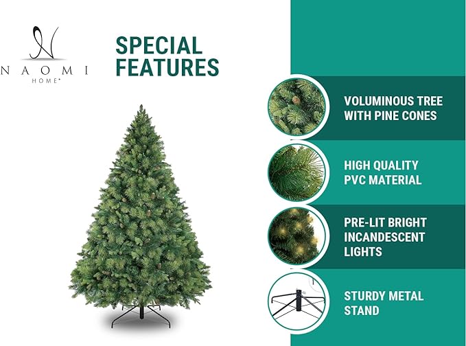 Naomi Home 7.5ft Christmas Tree with Lights, Realistic Traditional Prelit with Pine Cones, Foot Pedal 1556 Branch Tips, 750 Warm Lights and Metal Stand, Aritificial Tree