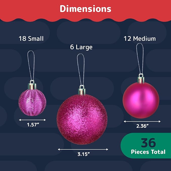 Prextex 36-Pieces Fuchsia Pink Christmas Ornaments Set - Shatterproof, Festive Christmas Balls Decorations in 3 Sizes and 6 Styles with Hanging Loops for Tree, Wreath, and Dazzling Holiday Party Decor